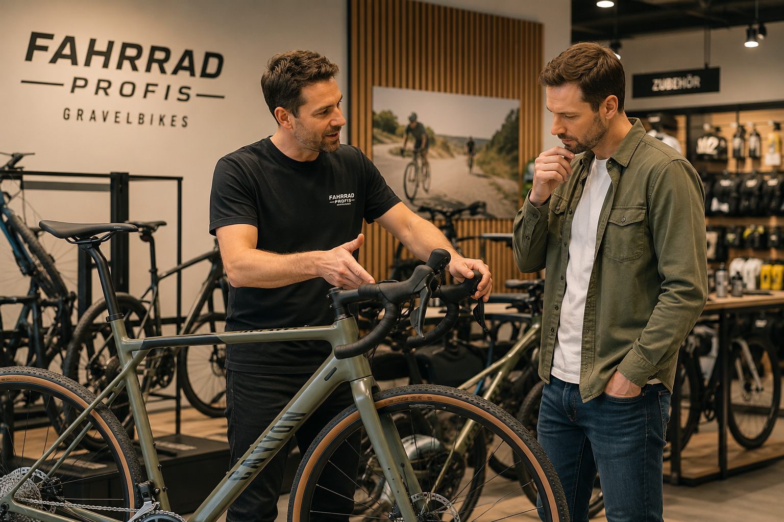 Persönliche Beratung im Fahrrad Profis Store vor einem Gravel Bike